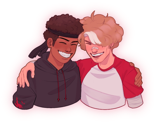 art by beckyblah. c!tommy and c!eryn hugging, holding eachother by the shoulder. they are smiling, eyes closed as they bump their heads together. the image is transparent with a light pink glow behind them