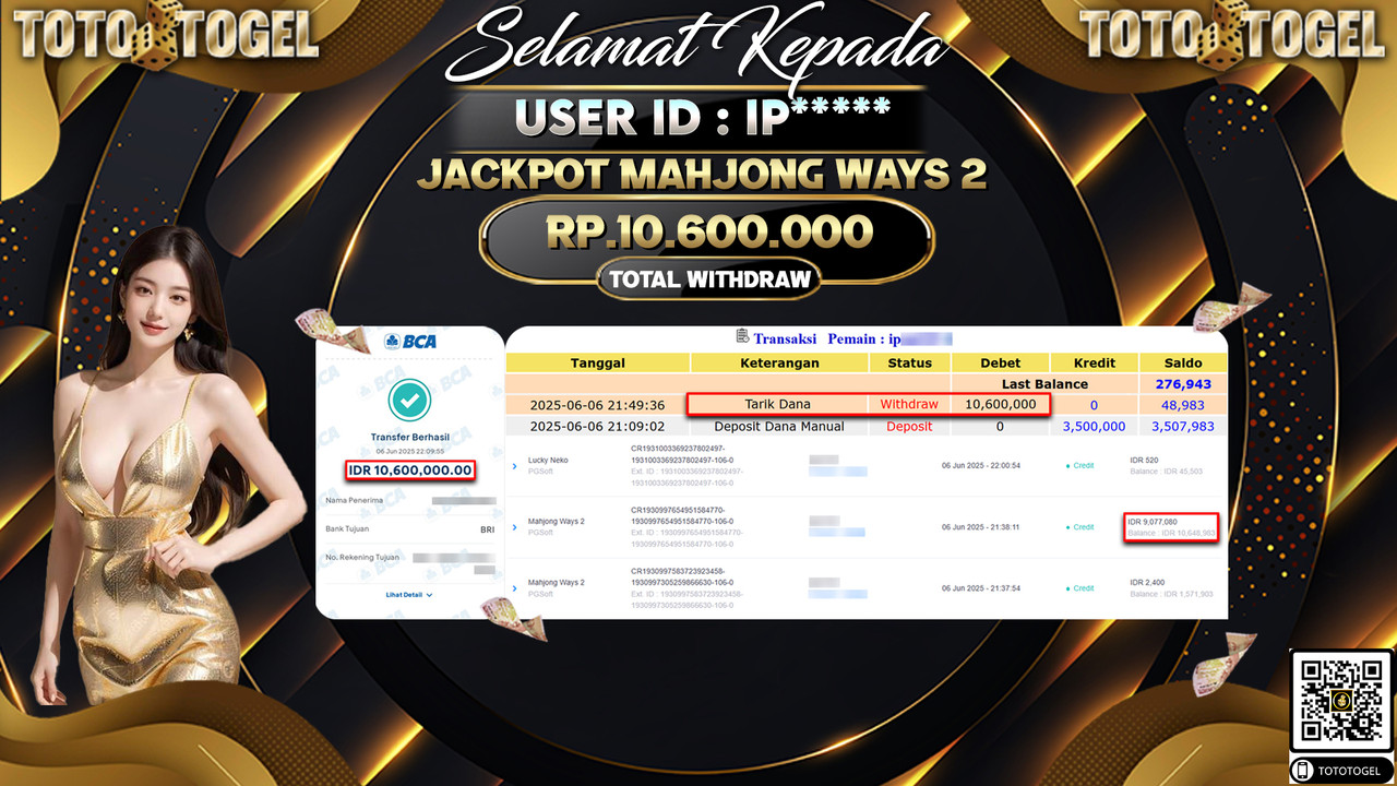 Bukti Pembayaran Jackpot Permainan Slot Mahjong Ways 2 ID:IP***** LUNAS