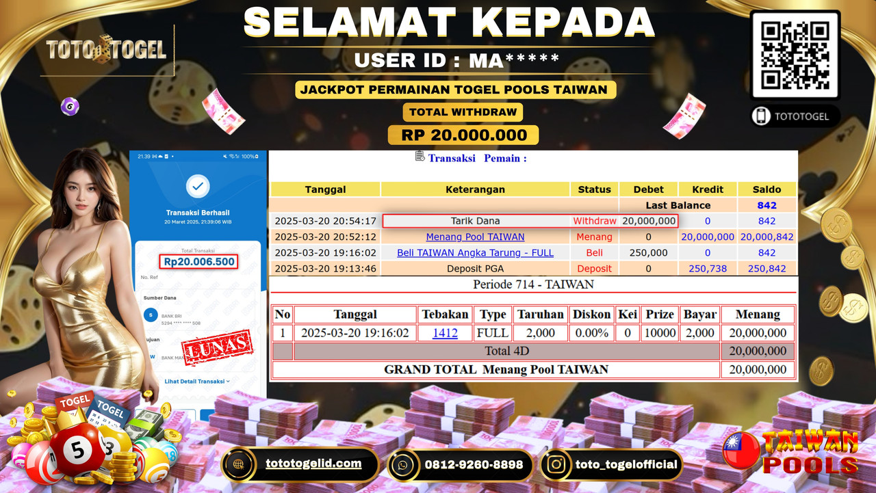 Bukti Pembayaran Jackpot  Permainan Togel Pools Taiwan ID:MA***** LUNAS
