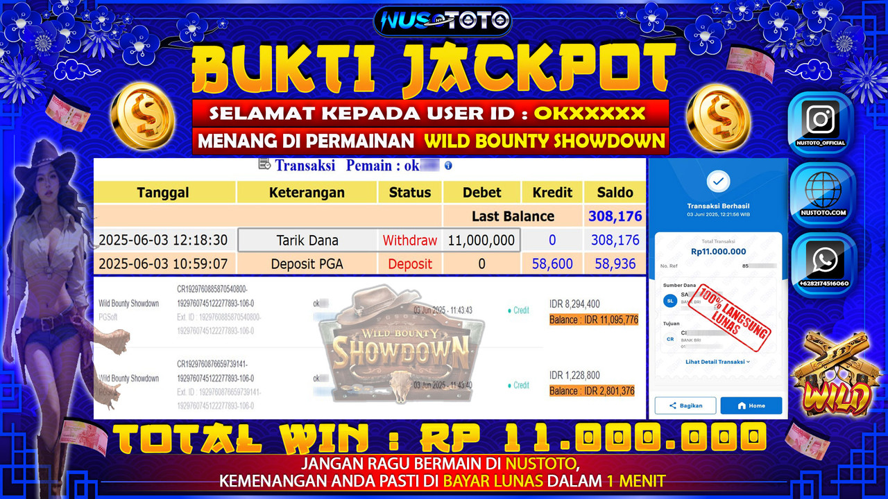 JACKPOT !! MENANG BESAR DI Wild Bounty Showdown Rp. 11.000.000 LANGSUNG DI BAYAR LUNAS NUSTOTO !!
