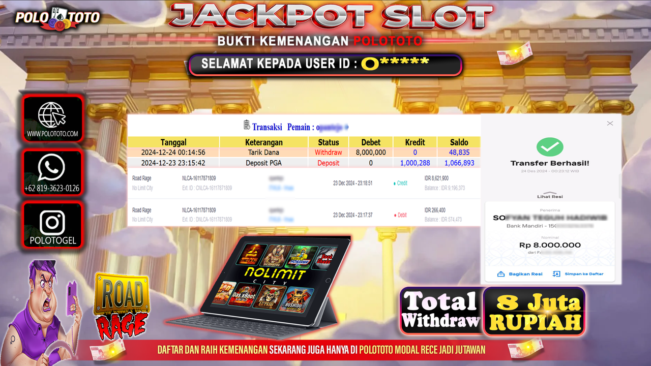 POLOTOTO JACKPOT SLOT ROAD RAGE Rp.8,000.000,-