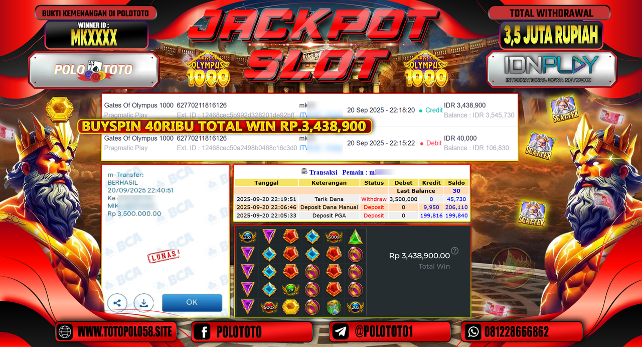 POLOTOTO JACKPOT SLOT GATES OF OLYMPUS 1000 Rp.3.500.000,-