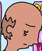 headshot of the character Geigh who has short balding dirty blonde hair a very prominent triangle shaped nose and tanned skin