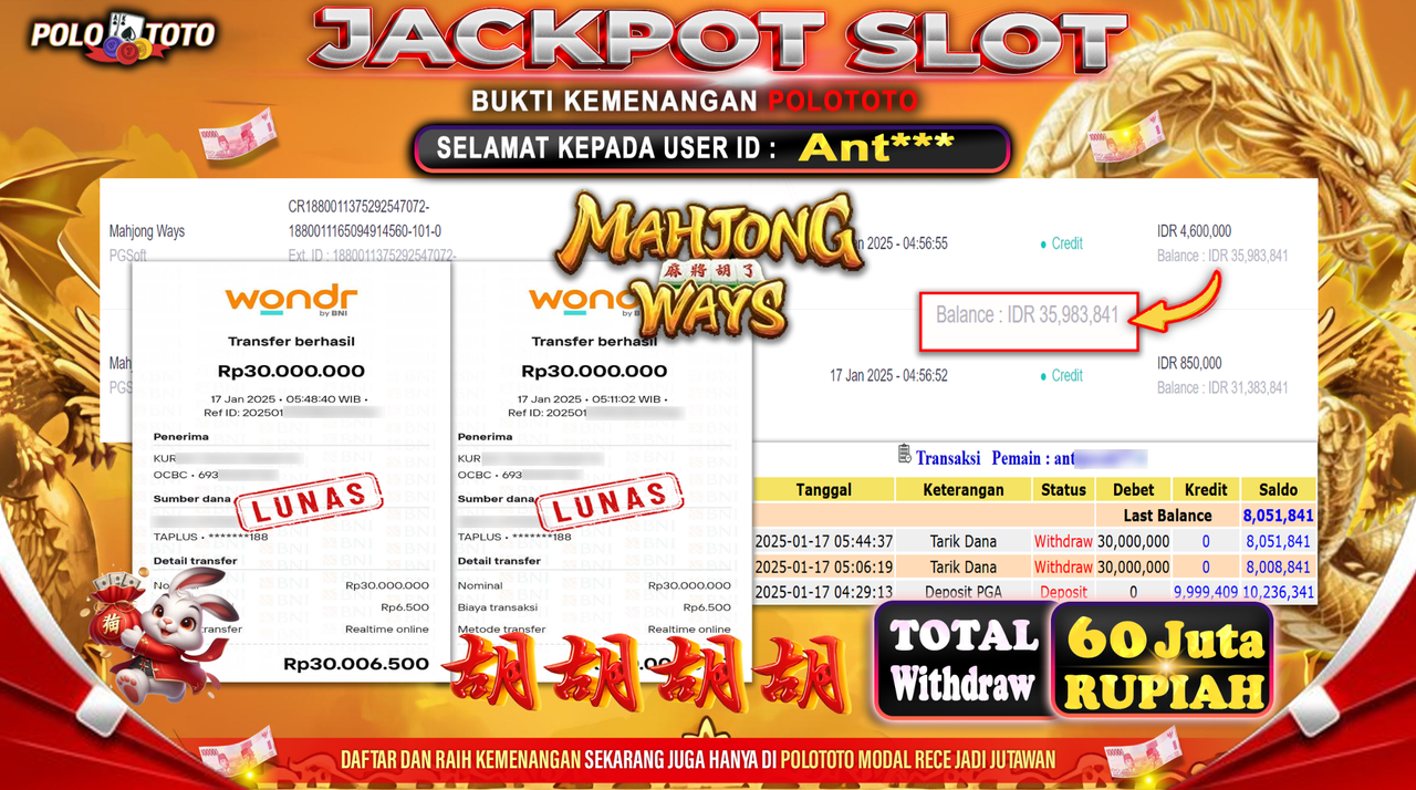 POLOTOTO JACKPOT SLOT MAHJONG WAYS Rp.60,000.000,-