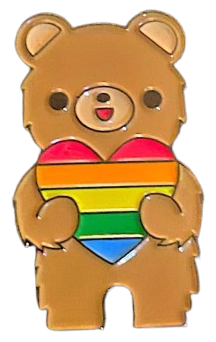 an enamel pin of a little cartoon light brown teddy bear smiling and holding a rainbow heart to its chest