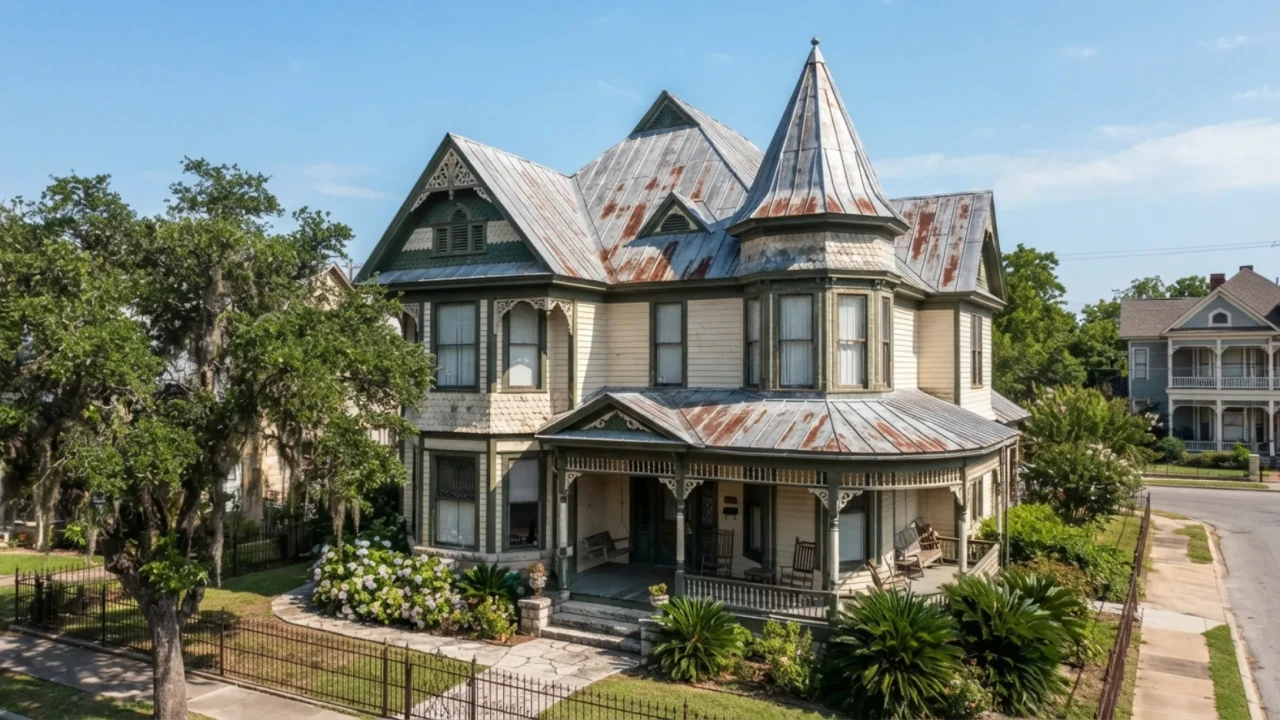Old tin terne metal roof on historic San Antonio home before restoration