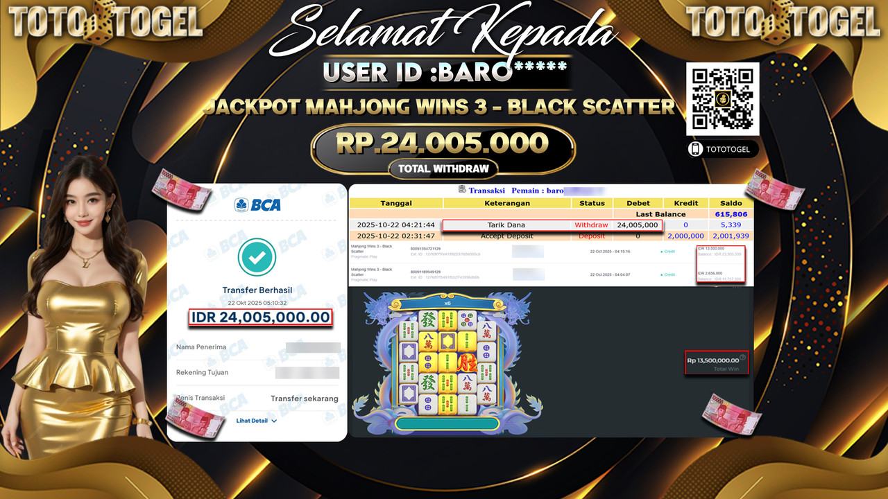 Bukti Pembayaran Jackpot Permainan Slot Mahjong Wins 3 - Black Scatter ID:BARO**** LUNAS