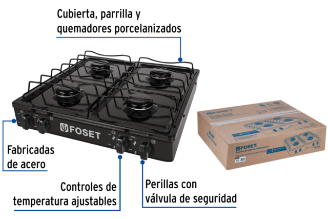 Parrilla de gas de sobreponer 4 quemadores, Foset