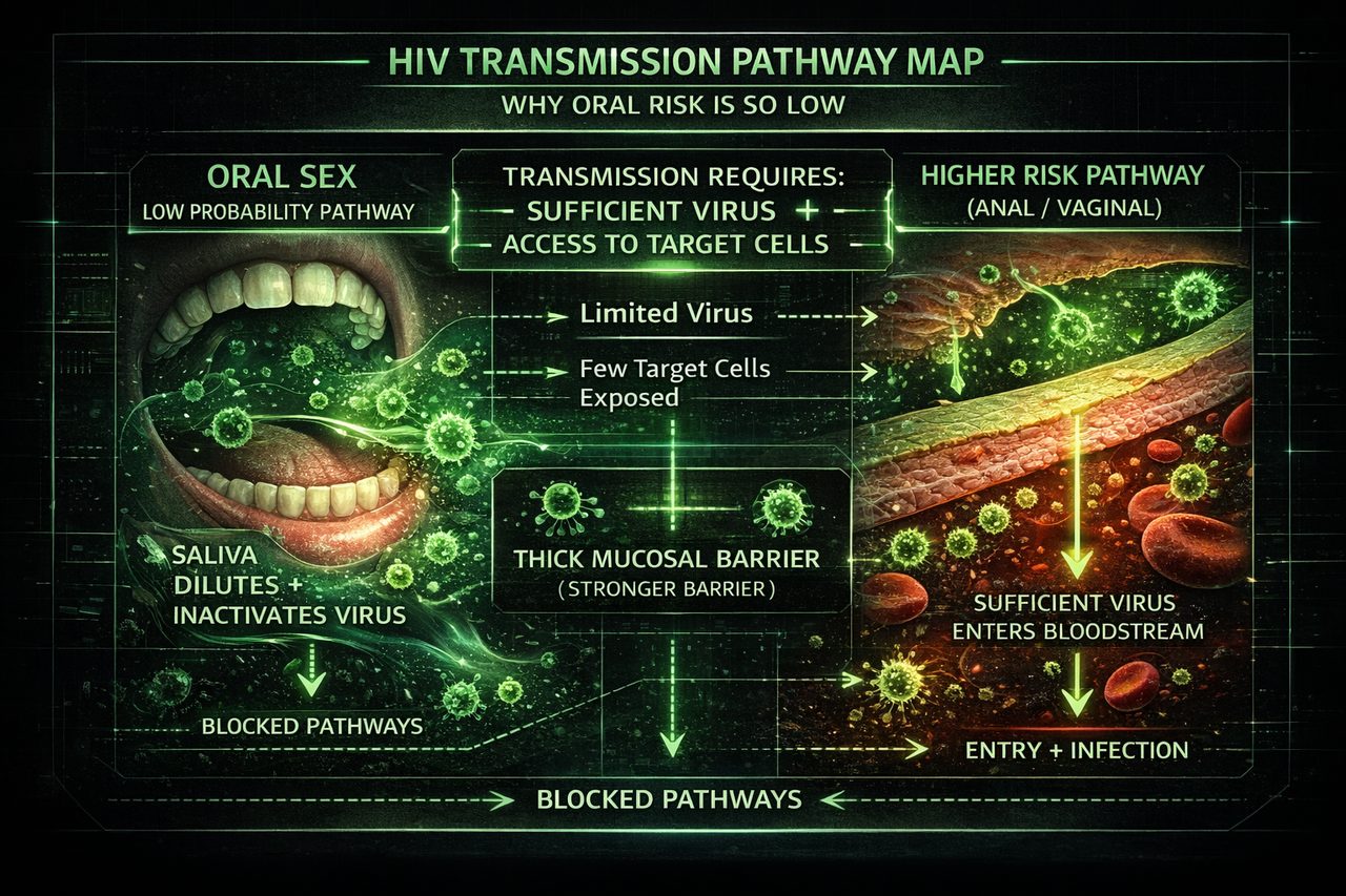 HIV transmission pathway diagram showing why oral sex is low risk compared with higher risk exposure routes