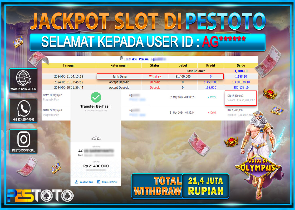 HANYA DI PESTOTO JP PASTI DI BAYAR LUNAS DAN CEPAT!!!!!! JP SLOT { GATES OF OLYMPUS 1000  } Rp.21.400.000 !!!!!