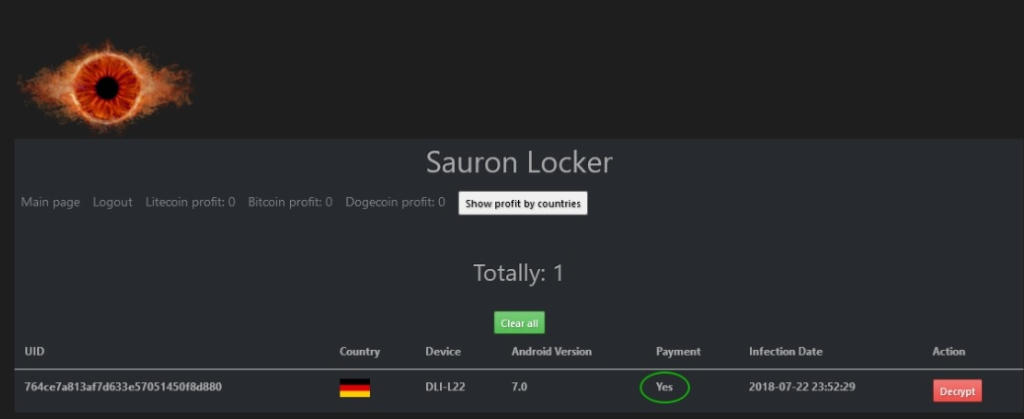 Sauron Locker – Android locker Ransomware