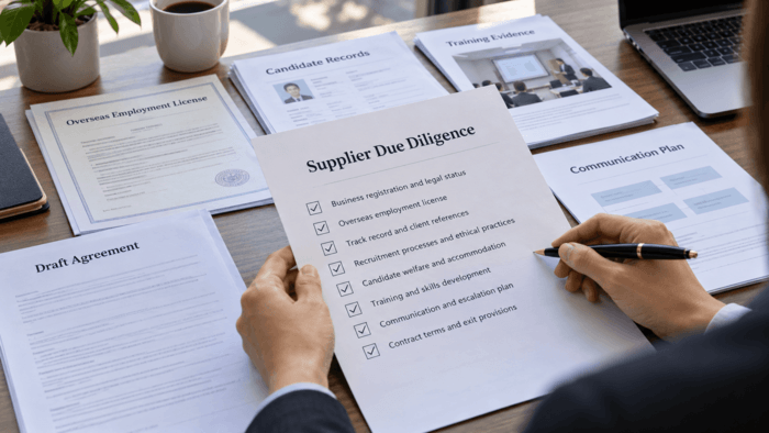 Reviewing a manpower supplier due diligence checklist alongside recruitment licensing, candidate records, training evidence, and contract documents.