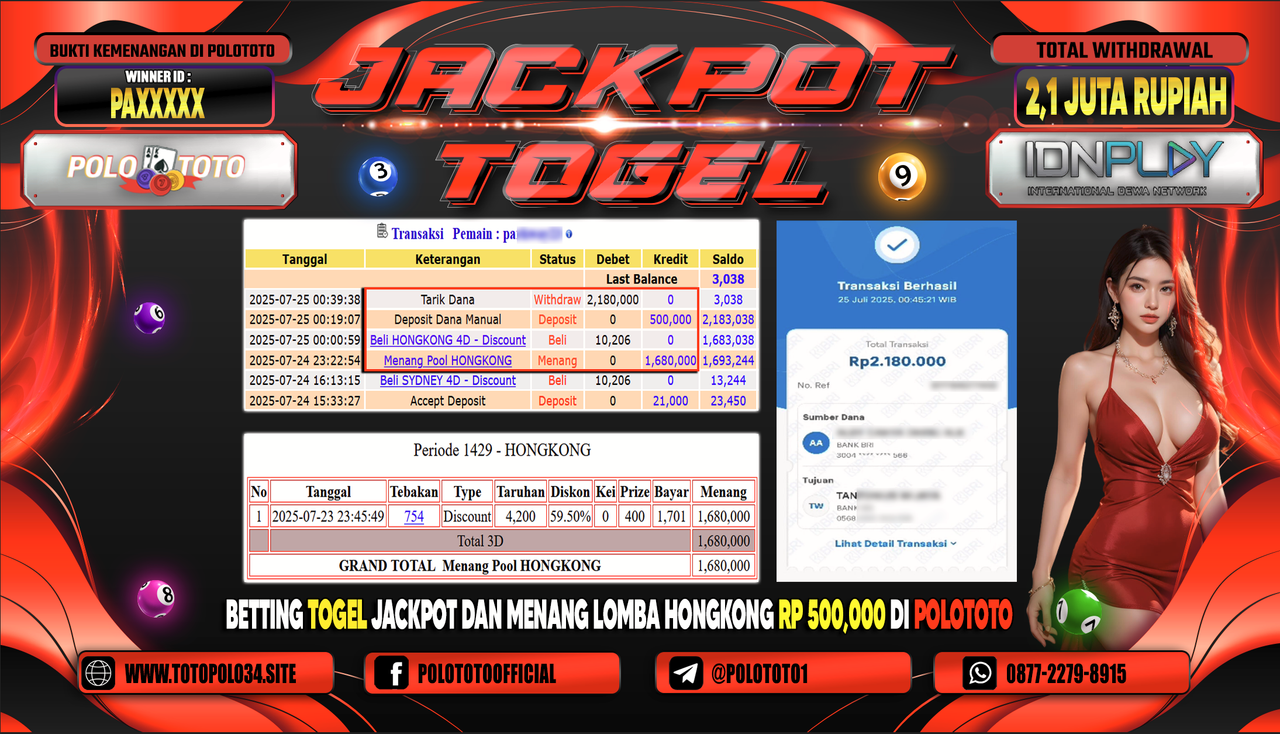 POLOTOTO JACKPOT TOGEL HONGKONG LOTTO Rp.2.100.000,- LUNAS