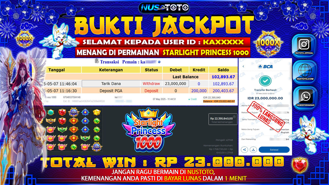 JACKPOT !! MENANG BESAR DI SLOT STARLIGHT PRINCESS 1000 Rp. 23.000.000 LANGSUNG DI BAYAR LUNAS NUSTOTO !!