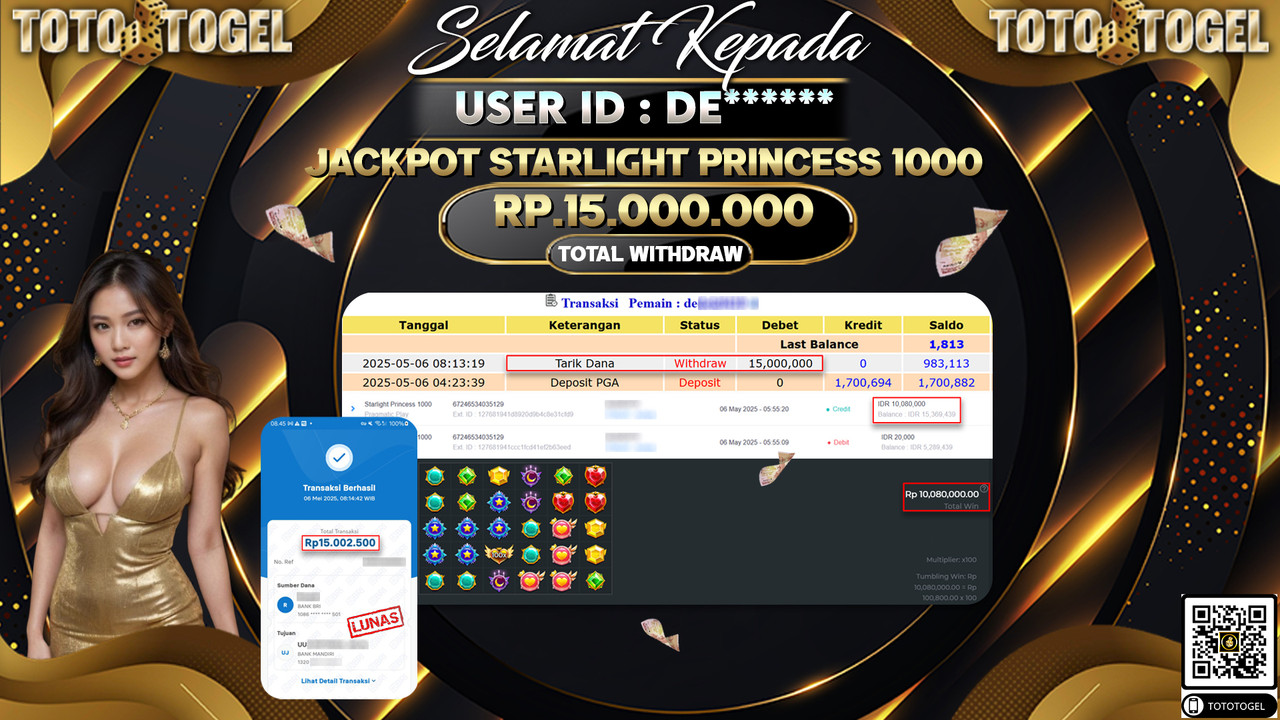 Bukti Pembayaran Jackpot  Permainan Slot Starlight Princess 1000 ID:DE***** LUNAS