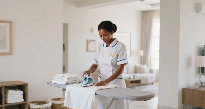 Ethiopian maid ironing clothes