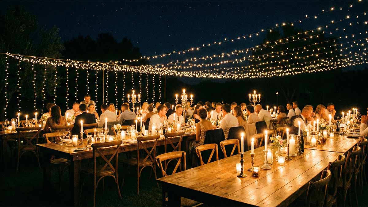 Вечерняя атмосфера свадьбы: теплый свет свечей и гирлянд