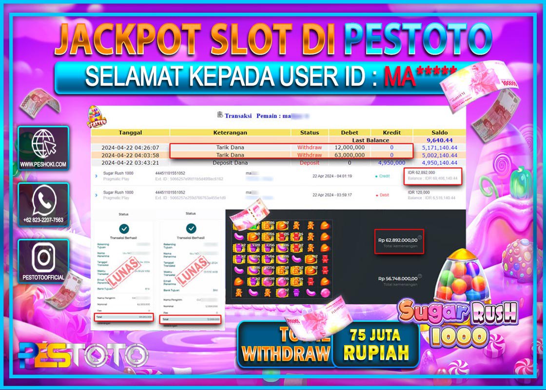 HANYA DI PESTOTO JP PASTI DI BAYAR LUNAS DAN CEPAT!!!!!! JP SLOT { SUGAR RUSH 1000 } Rp.75.000.000 !!!!!