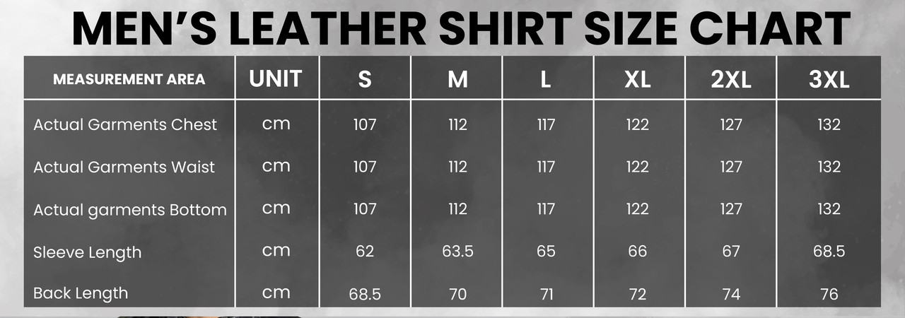 UK Size chart for mens vintage leather shirt jacket showing chest, sleeve, shoulder, and shirt length measurements for accurate fit