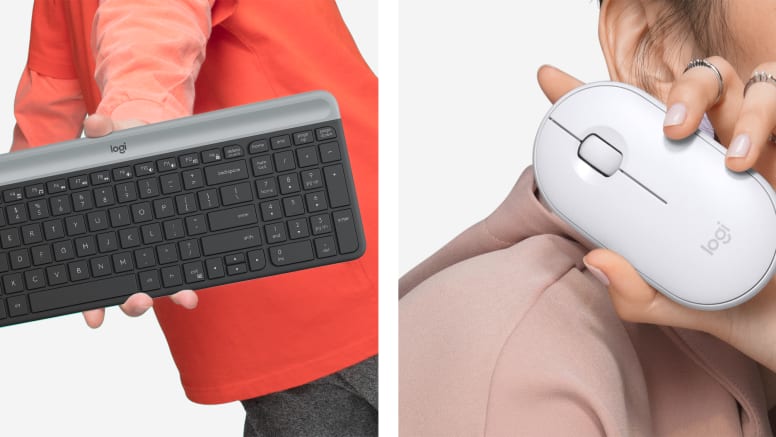 Teclado y mouse Logitech MK470 Slim junto a una tablet, mostrando su portabilidad.