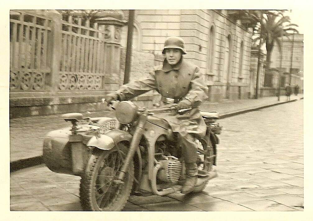 Helmeted Luftwaffe Kradmelder on BMW Motorcycle (WL-283899) on Street!