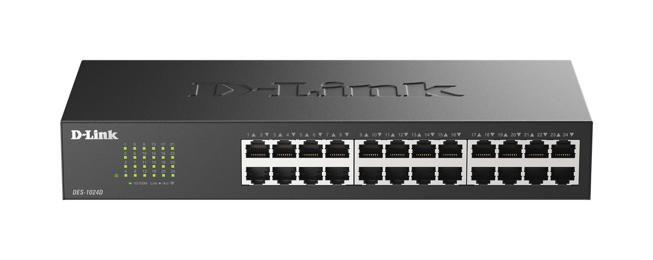 Switch D-Link de 24 puertos Ethernet con indicadores LED.