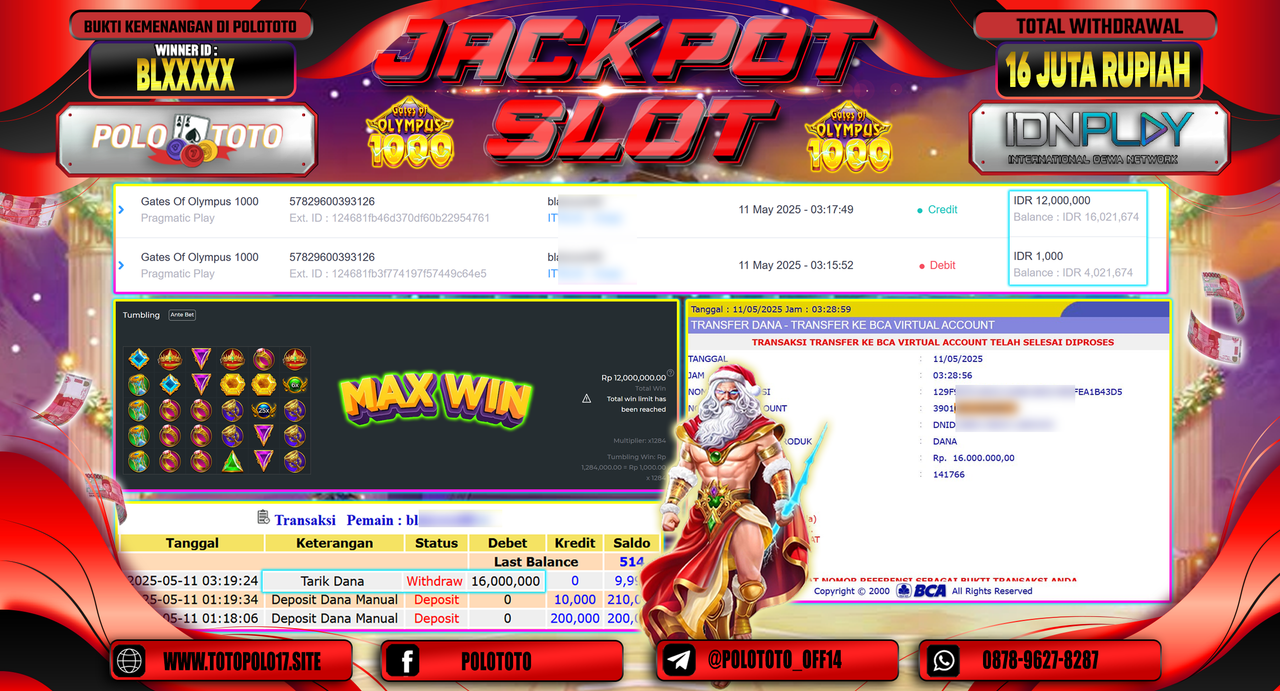 POLOTOTO JACKPOT SLOT GATES OF OLYMPUS Rp.16.000.000,-