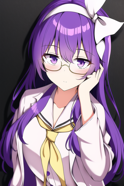 1girl, touhou, purple hair, purple eyes, long hair, hair, small breasts,  labcoat, white shirt, ribb