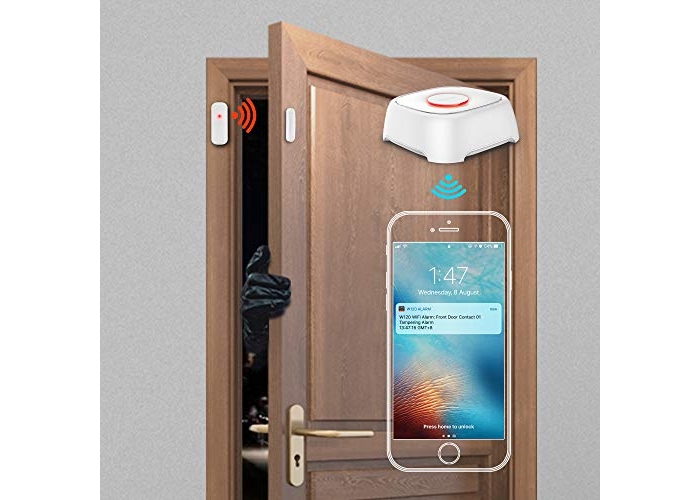 Sistema de alarma Smanos Wi-Fi que incluye el panel de control, un sensor de movimiento y un sensor para puerta/ventana.