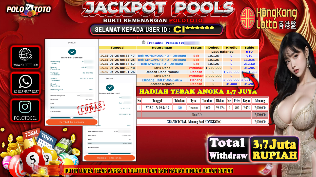 POLOTOTO JACKPOT TOGEL PASARAN HONGKONG Rp.3,700.000,- 