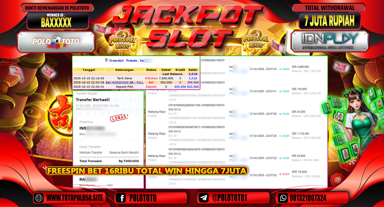 POLOTOTO JACKPOT SLOT MAHJONG WAYS Rp.7.000.000,- LUNAS