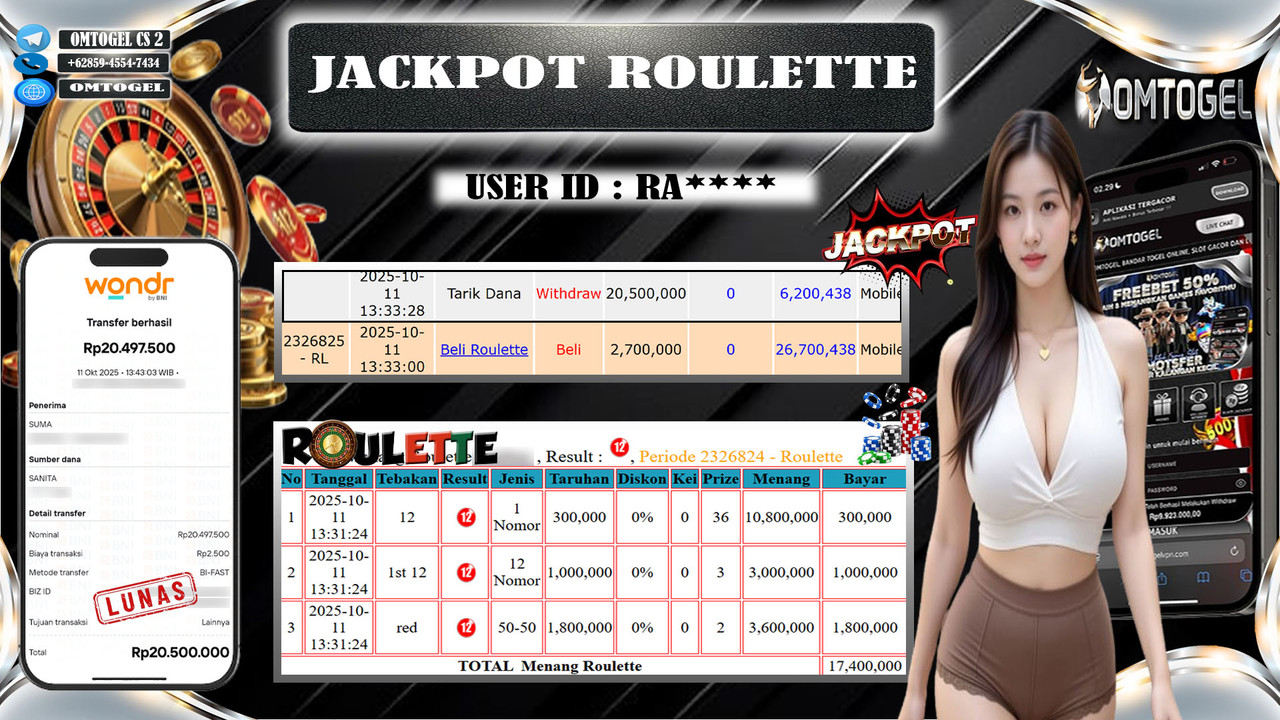 OMTOGEL JACKPOT LIVE GAMES ROULETTE 20 JUTA DI BAYAR LUNAS ,-