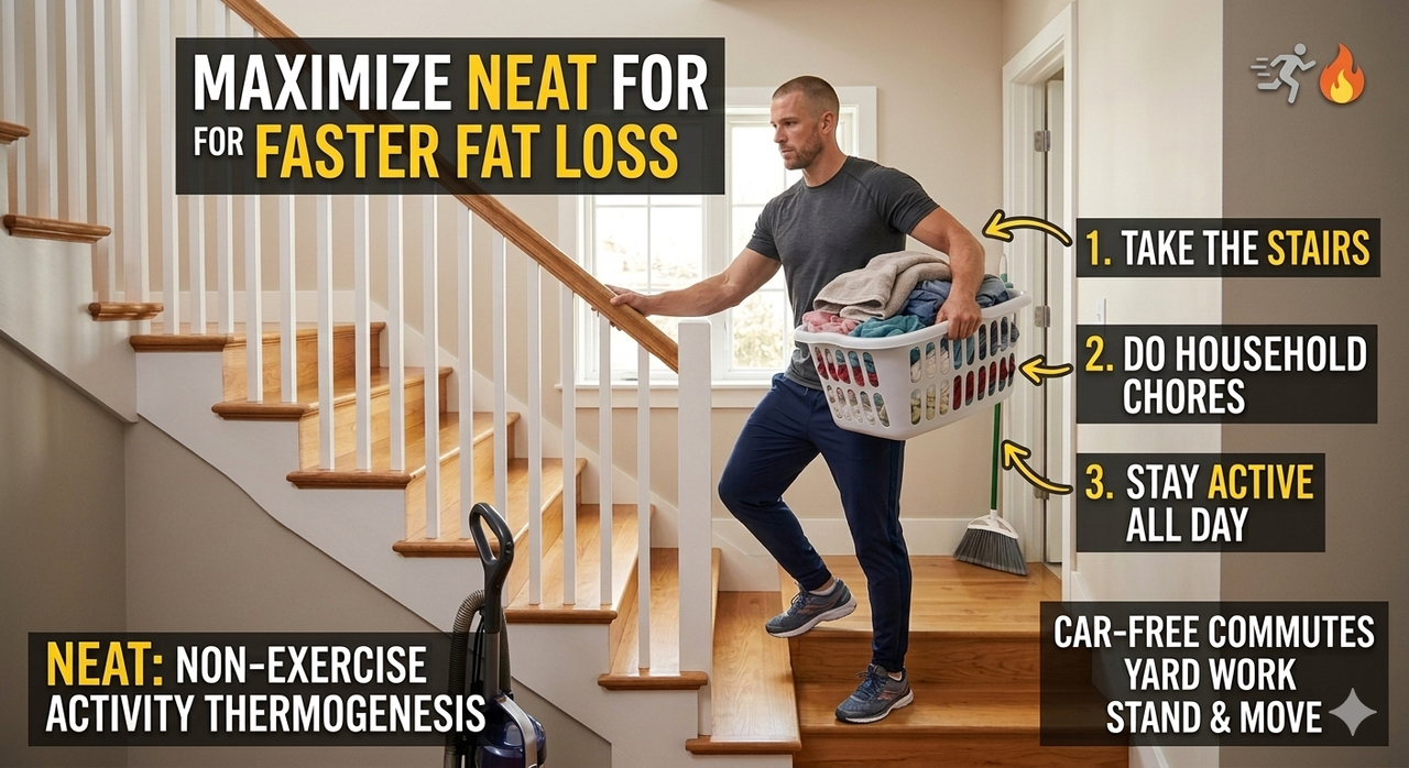 Pie chart showing total daily energy expenditure with NEAT highlighted as 15-50% for how to increase NEAT for faster fat loss