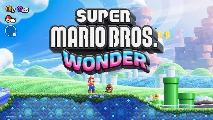 Keyart for Super Mario Wonder that shows Mario looking up at the logo while a Goomba is fast asleep beside him.