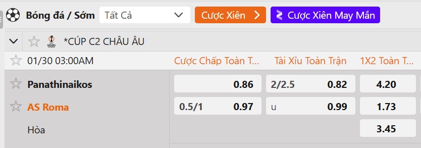 Tỷ lệ kèo Panathinaikos vs AS Roma