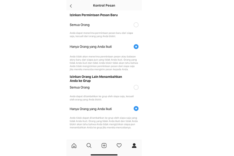 Pengaturan untuk kontrol pesan masuk di Instagram.