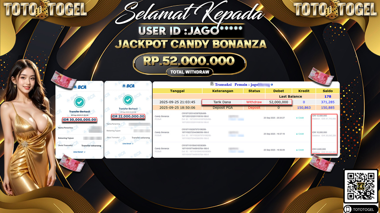 Bukti Pembayaran Jackpot Permainan Slot Candy Bonanza ID:JAGO*** LUNAS