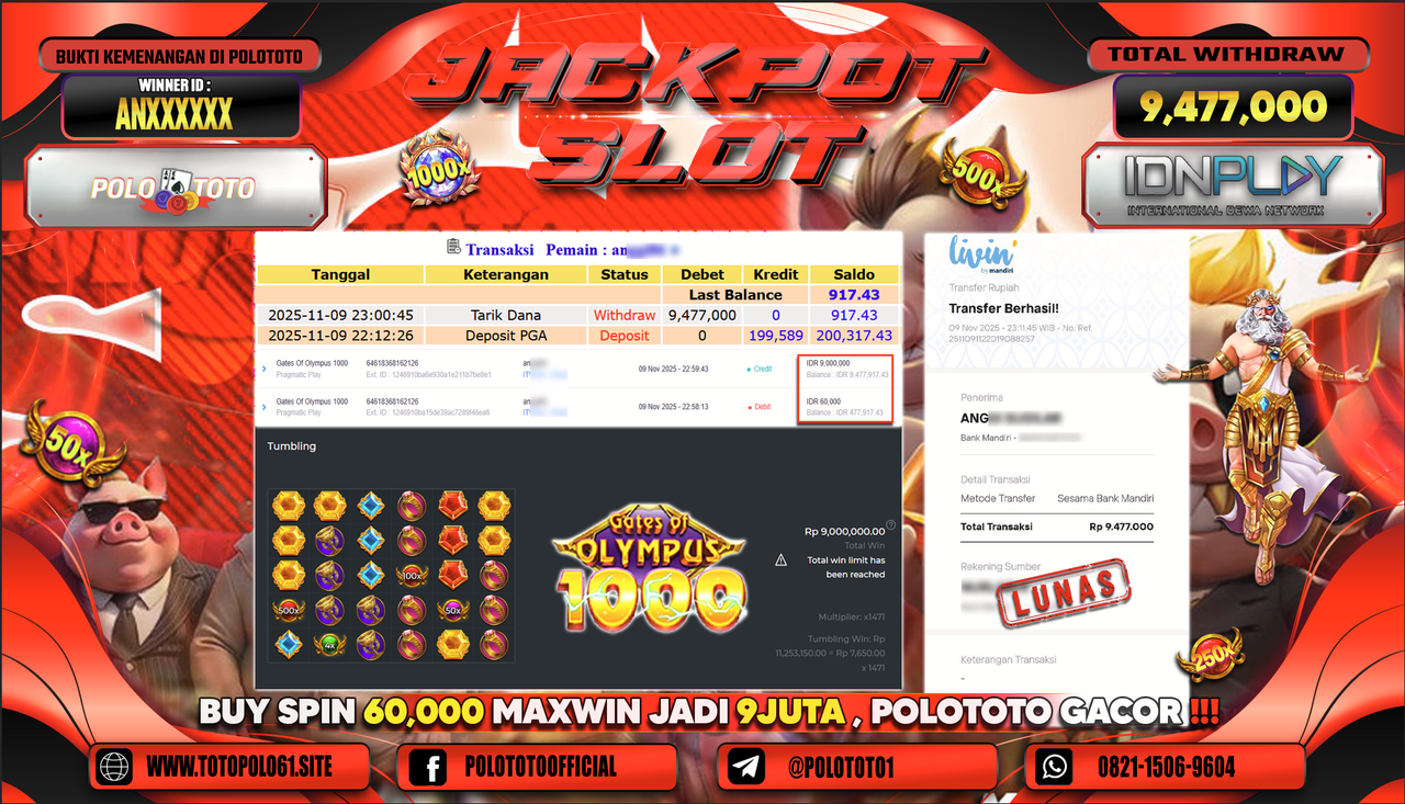 POLOTOTO JACKPOT SLOT GATES OF OLYMPUS 1000 Rp.9.477.000,- LUNAS