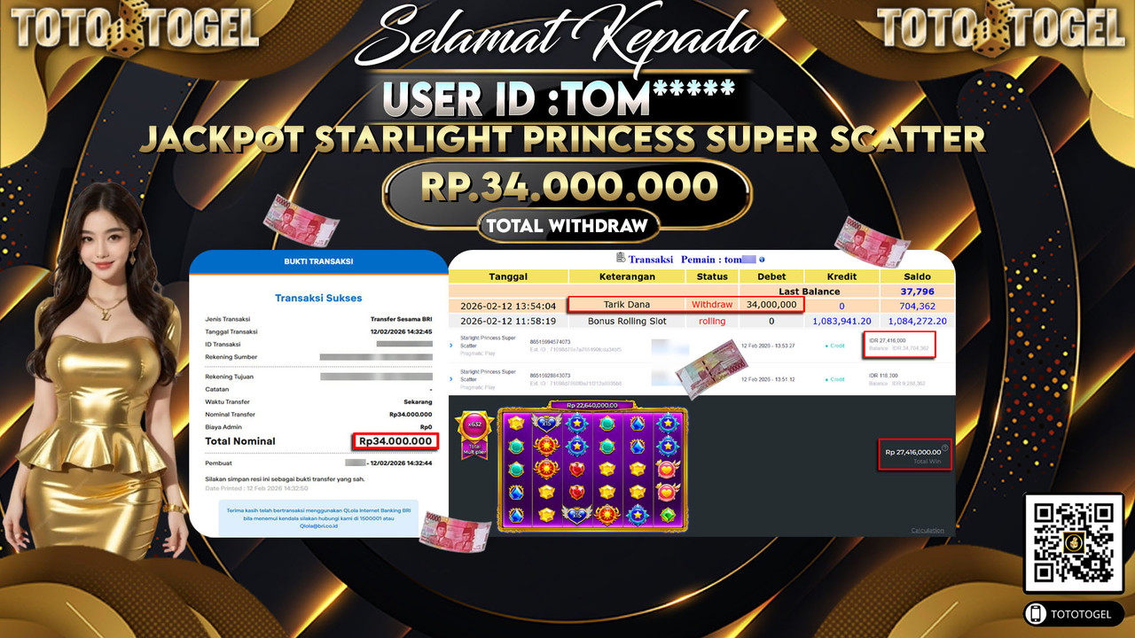 Bukti Pembayaran Jackpot Permainan Slot Starlight Princess Super Scatter ID:TOM*****LUNAS