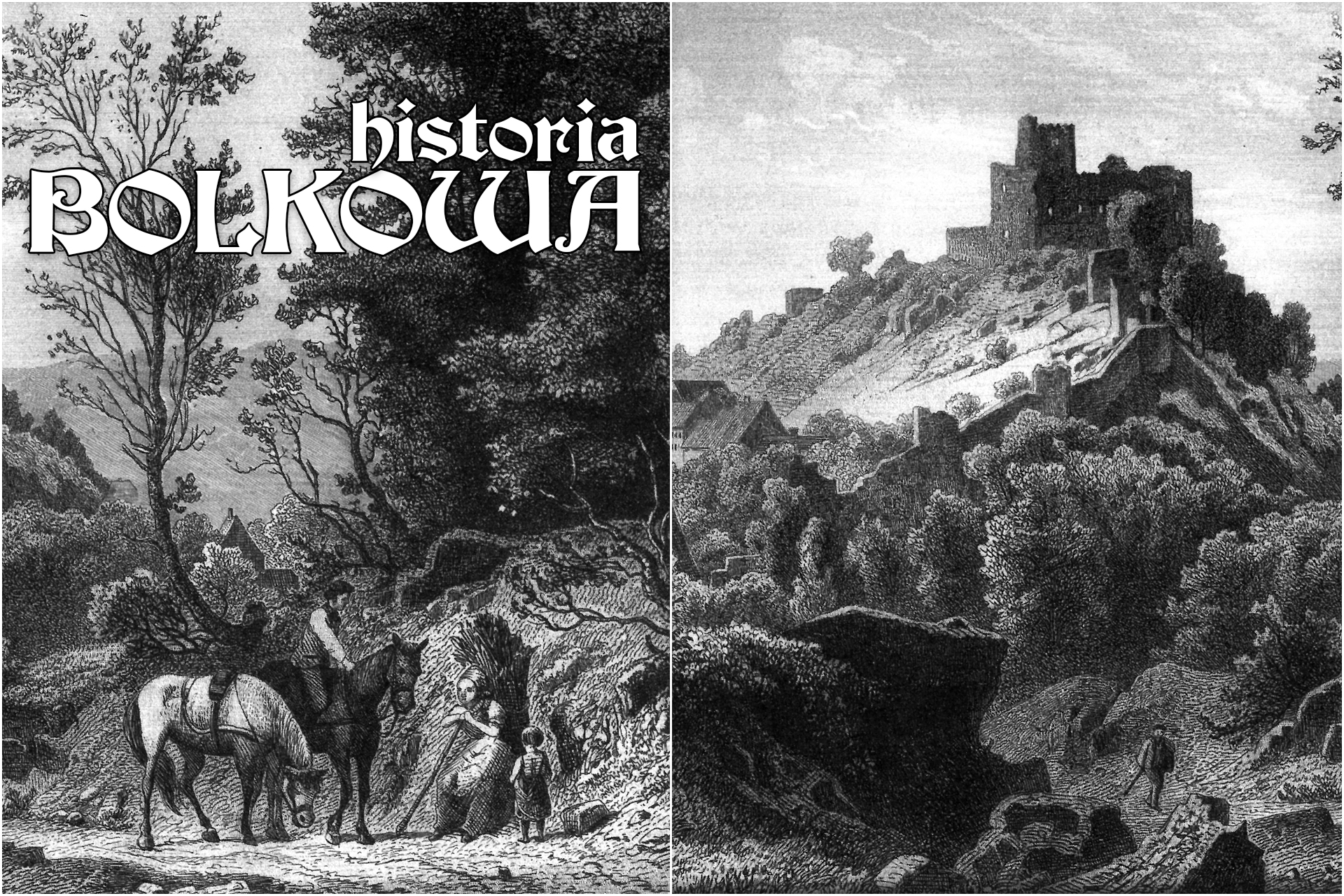 na zdjęciu dwie ryciny przedstawiające zamek na wzgórzu i ludzi jeden na koniu drugi to kobieta z małym dzieckiem