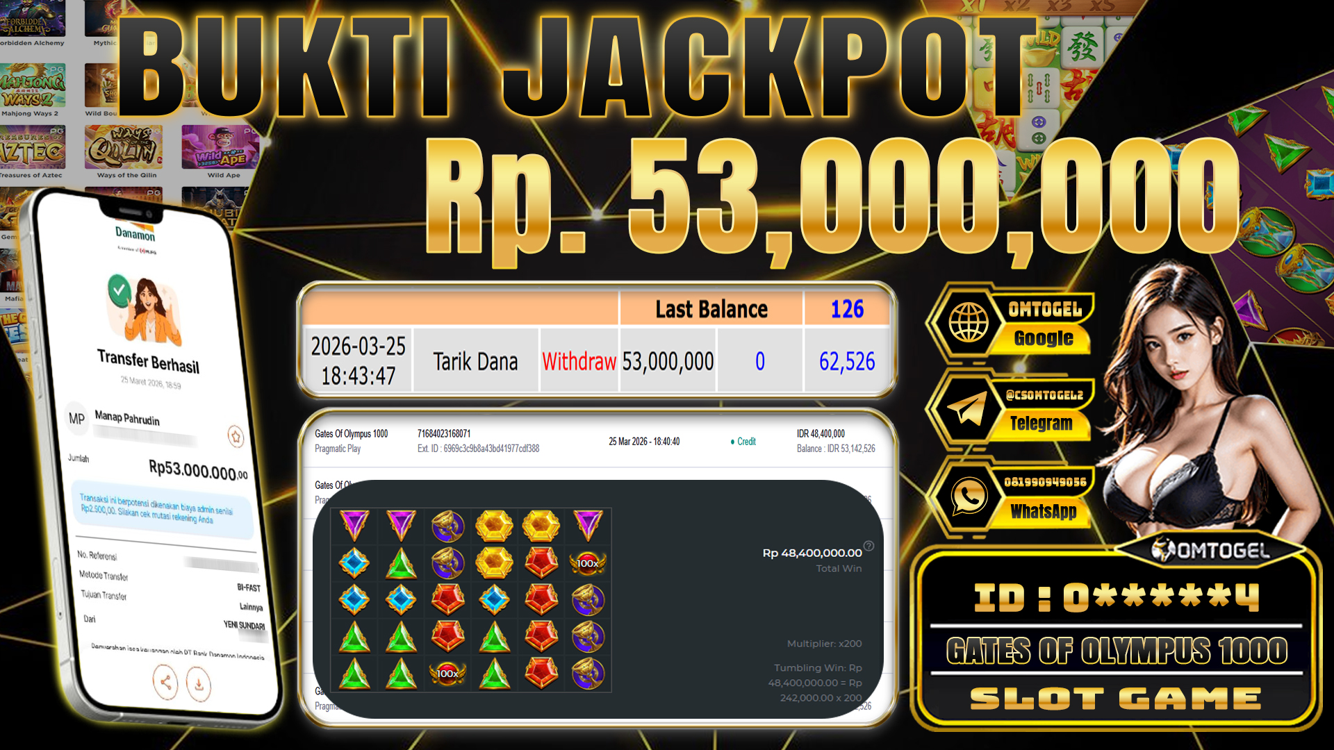OMTOGEL JACKPOT PRAGMATIC PLAY GATES OF OLYMPUS 1000, 53 JUTA DI BAYAR LUNAS ,-