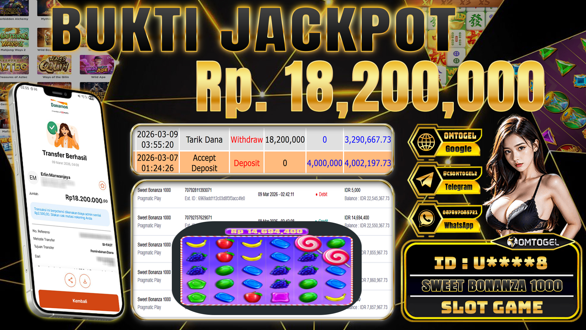 OMTOGEL JACKPOT PRAGMATIC PLAY SWEET BONANZA 1000, 18 JUTA DI BAYAR LUNAS ,-