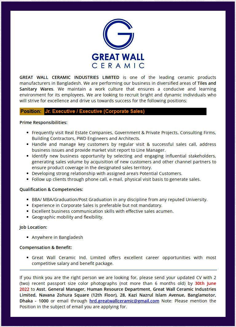 Great Wall Ceramic Industries Ltd Job Circular 2022