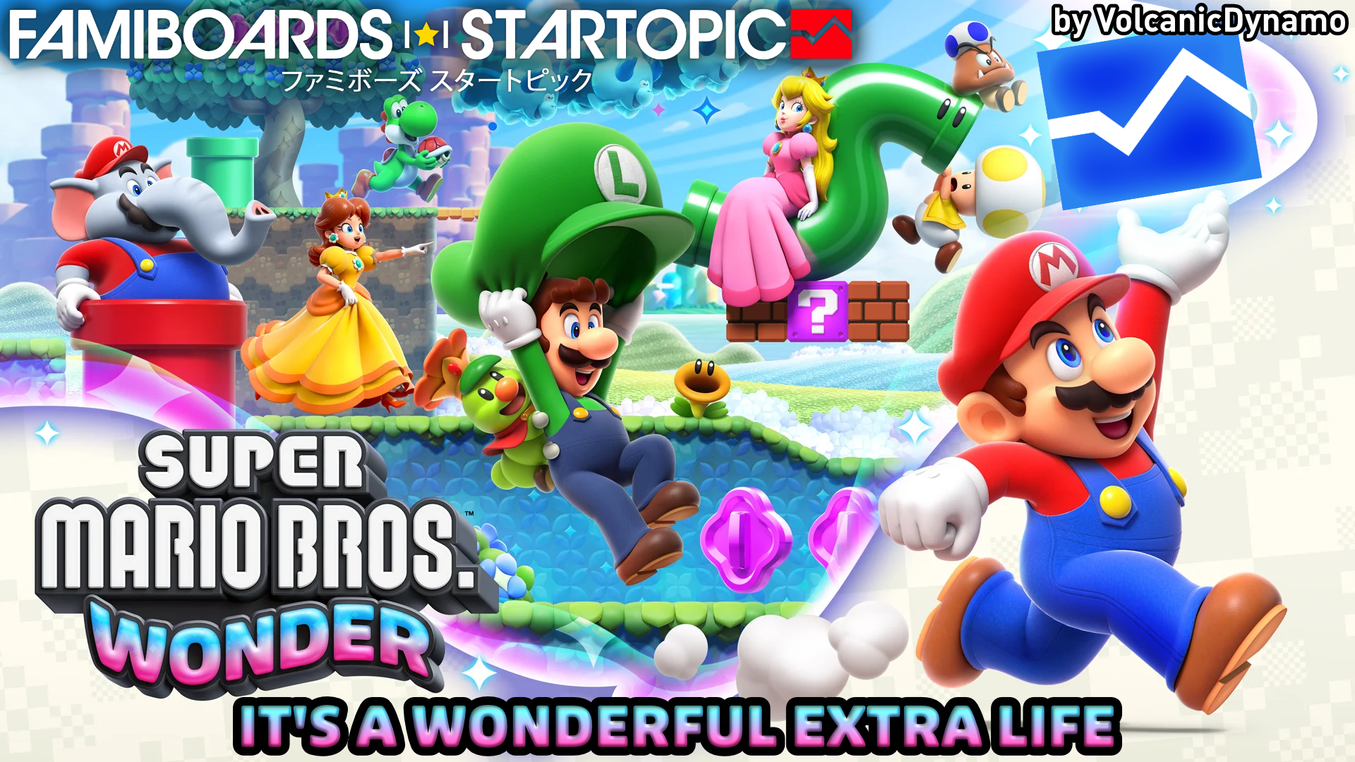 Famiboards Startopic | Super Mario Bros. Wonder - It's a Wonderful Extra Life by VolcanicDynamo | The banner uses the key art for the game. The Wonder Flower that Mario usually holds up is replaced by a glowing Famiboards logo in blue.