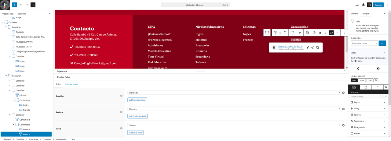 Screenshot 2026 05 19 at 16 20 37 Edit Element Site footer Colegio English World Word Press
