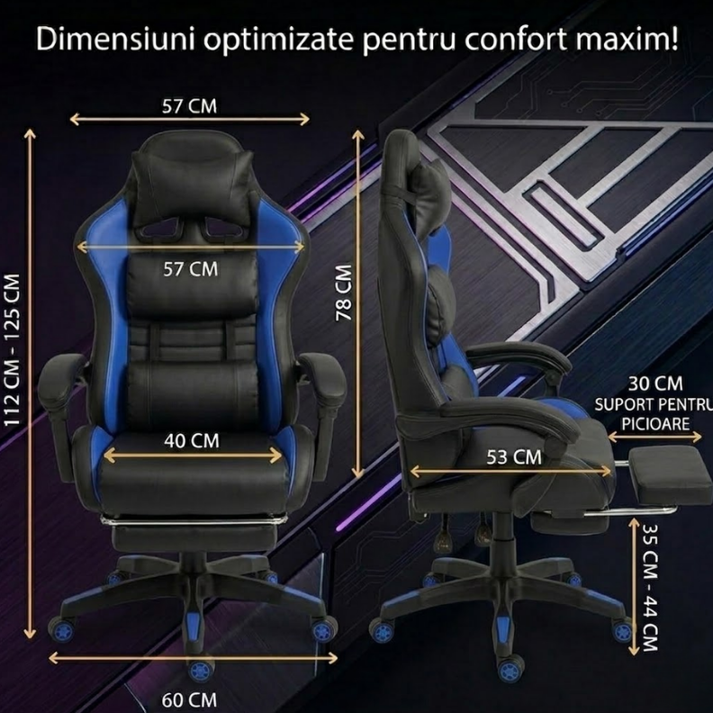 Grafic cu dimensiunile complete ale scaunului de gaming Galaxia albastru