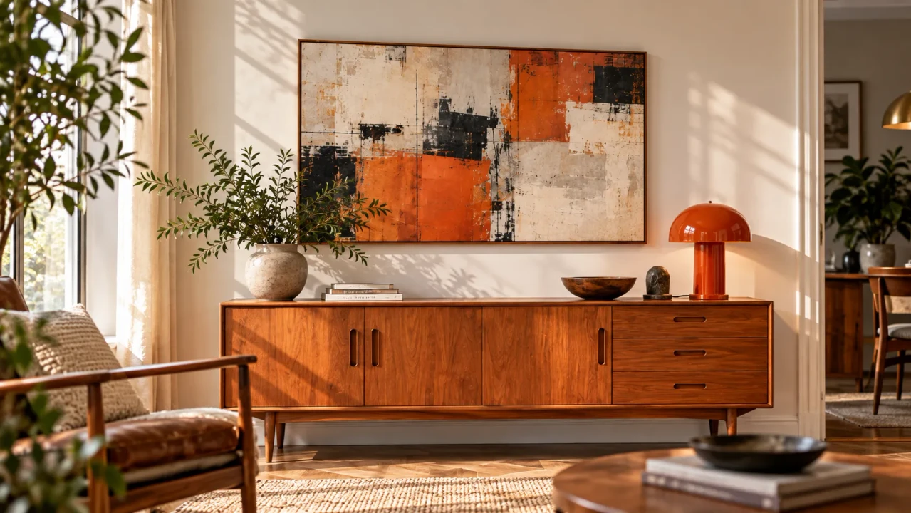 Tableau-abstrait-moderne-au-dessus-d-une-enfilade-vintage-en-teck