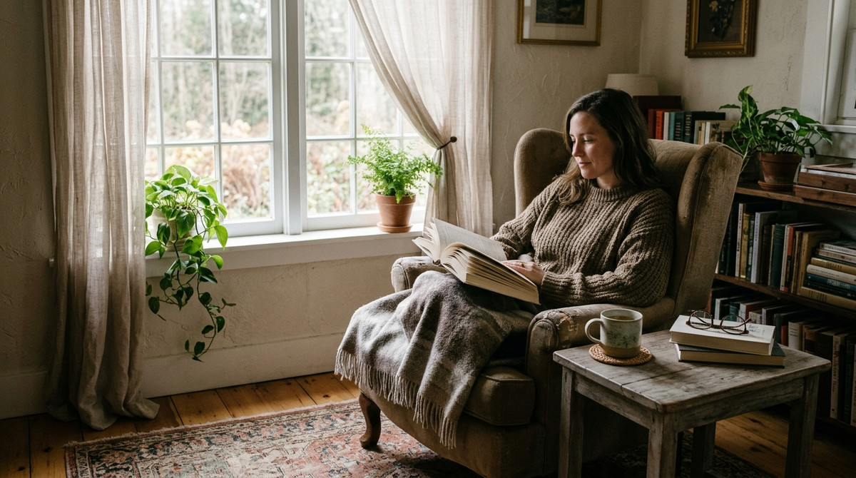 Человек, читающий бумажную книгу в уютном кресле у окна, чашка чая на столике, полное отсутствие гаджетов и экранов, атмосфера цифровой тишины и осознанного отдыха