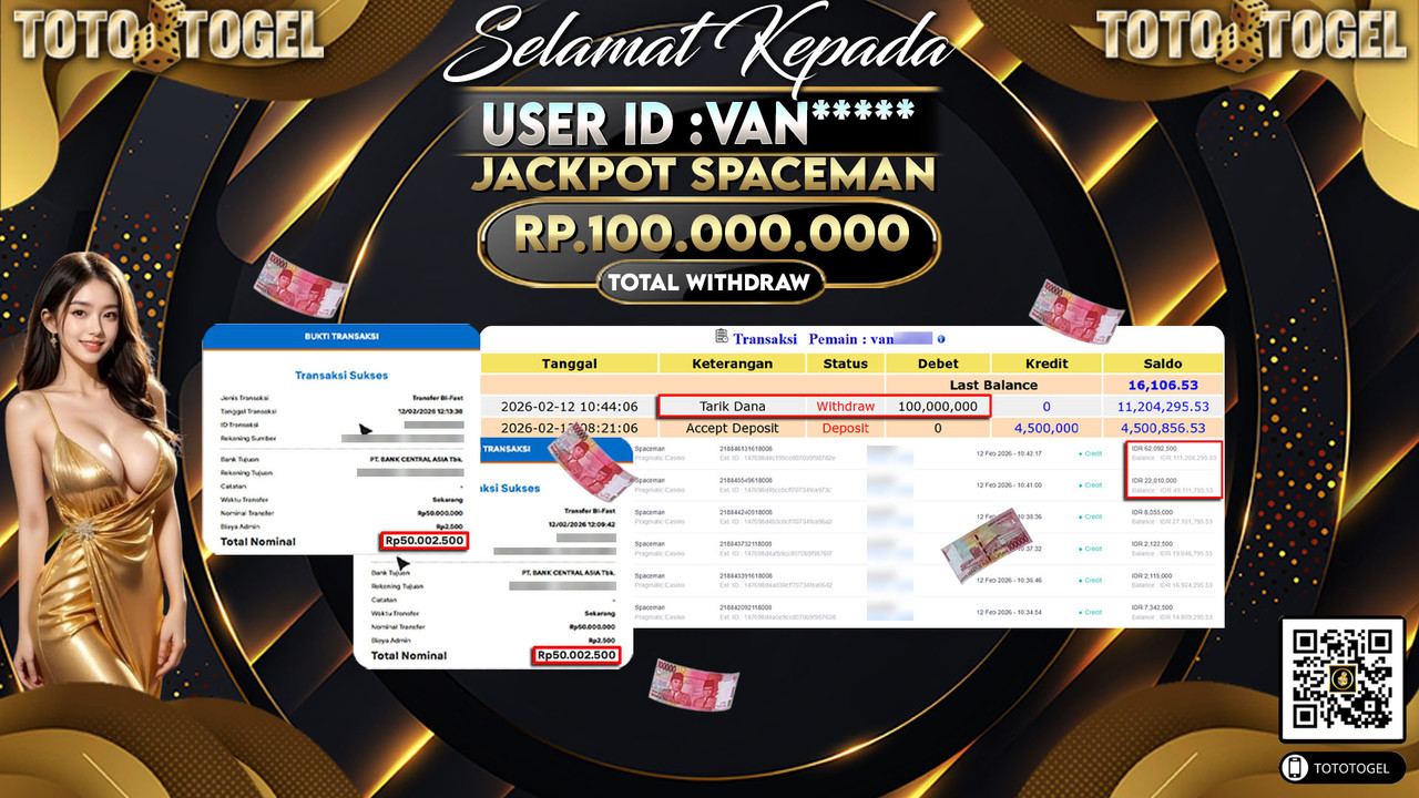 Bukti Pembayaran Jackpot Permainan Live Game Spaceman ID:VAN*****LUNAS