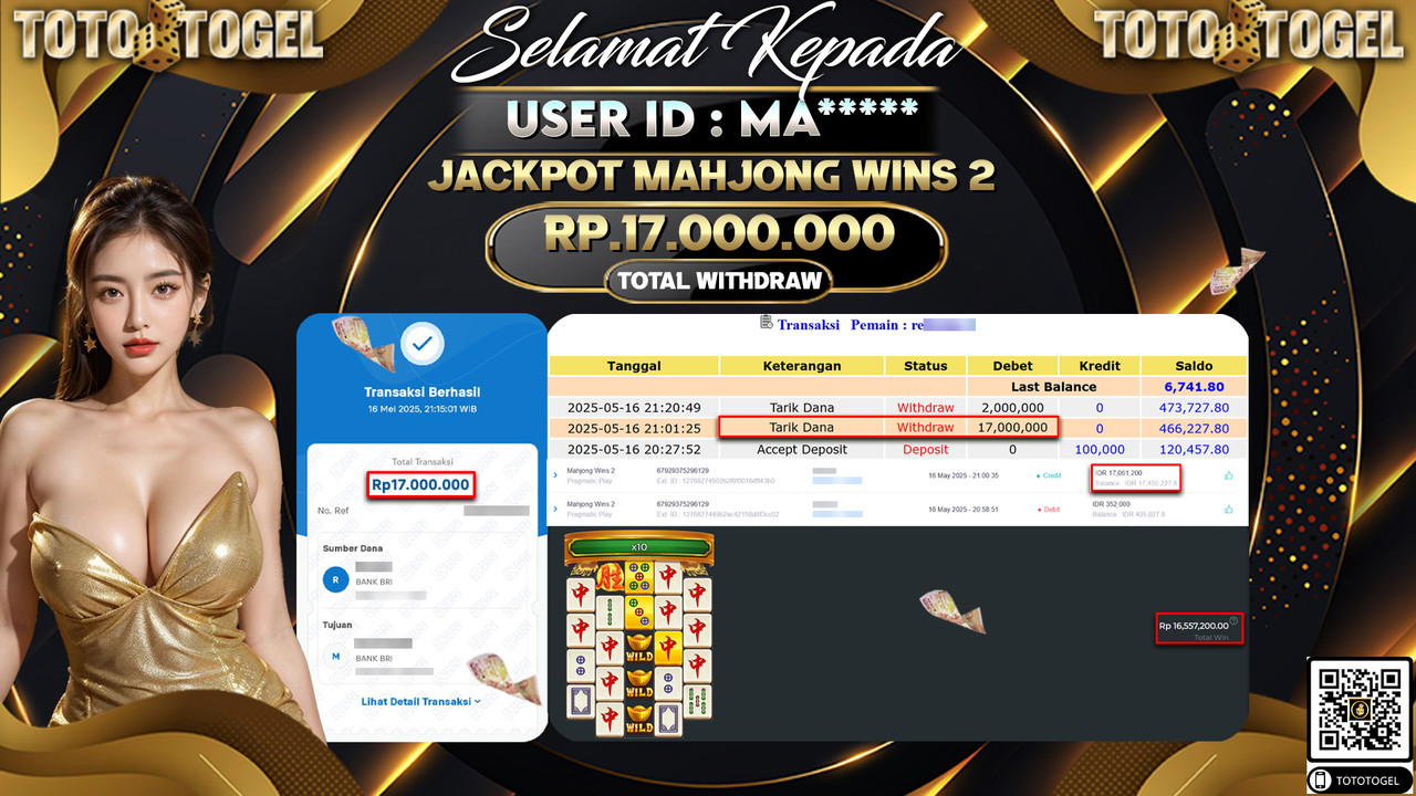 Bukti Pembayaran Jackpot Permainan Slot Mahjong Wins 2 ID:MA***** LUNAS